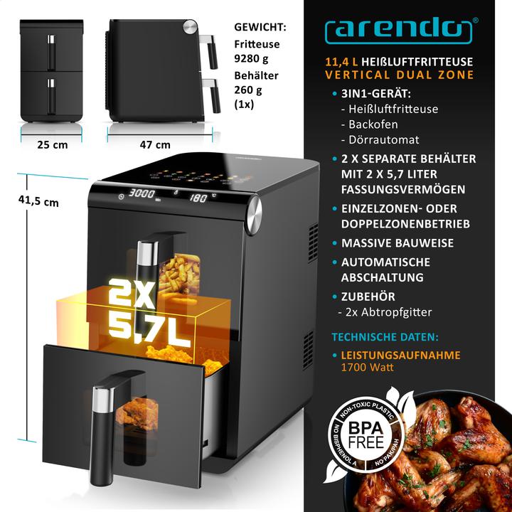 Produktbild Arendo Heissluftfritteuse Doppelstock, Dual Zone Airfryer 11L, Sichtfenster, Doppelkammer, 2800 W, Zubehör