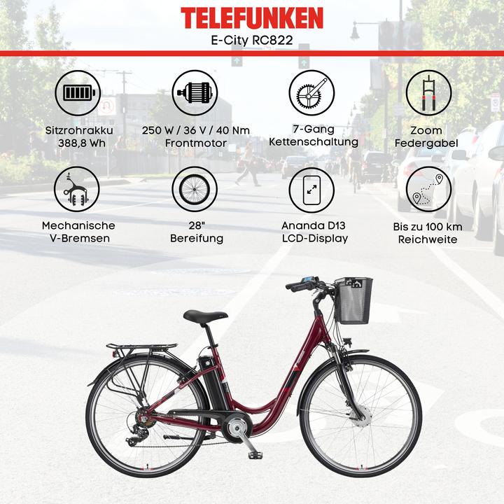 Telefunken Multitalent RC822, City E-Bike, Motor power 250 W, Wheel size 28 ", Warranty 24 month(s), Red (48 cm)