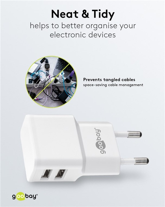 Immagine prodotto Goobay Caricabatterie doppio USB 2,4 A - Alimentatore USB con 2 uscite USB - bianco (12 W)