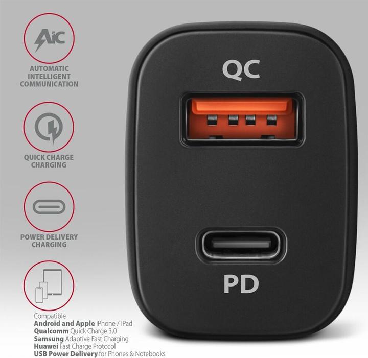 Actual product image Axagon PWC-PQ38 Car charger, 1x USB-A QC 3.0 + 1x USB-C PD, 38W, CL connector - black