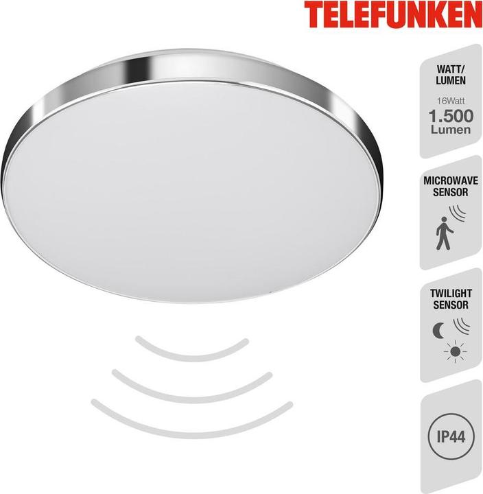 Produktbild Telefunken Sensor-LED Deckenleuchte, weiss-chrom, IP44, 1xLED/16W (1500 lm)