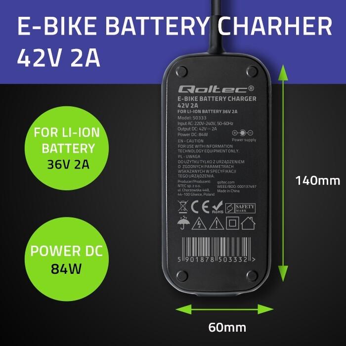 Image du produit Qoltec Ladegerät für E-Bike 36V 42V 2A 5.5x2.5 (Batterie pour vélo électrique)