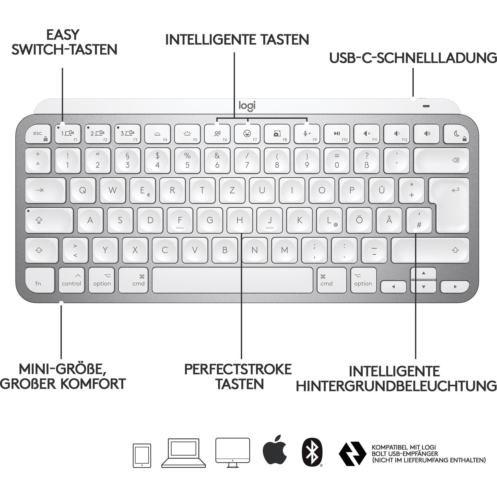 Thumbnail - Logitech MX Keys Mini (US, Kabellos), Tastatur, Grau