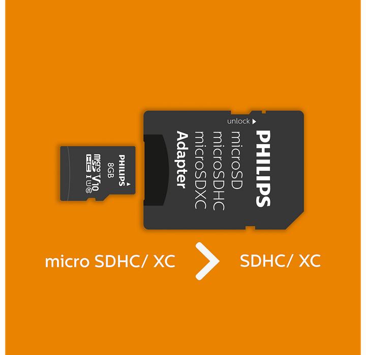 Actual product image Philips MicroSDHC Card 8GB Class 10 UHS-I U1 incl. adapter (8 GB, microSDHC, U1, UHS-I)
