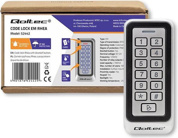 Actual product image Qoltec 52442 Code lock RHEA su RFID reader Code Card key fob Doorbell IP68 EM
