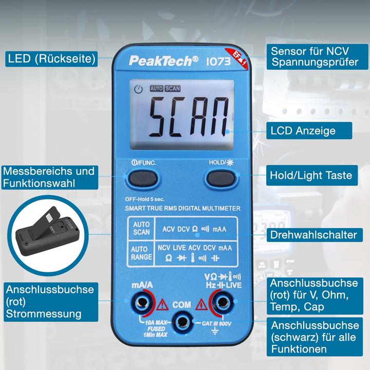 Produktbild Peaktech Smart-Multimeter, P 1073, 600 V AC/DC, NCV, True RMS (CAT III 600V)