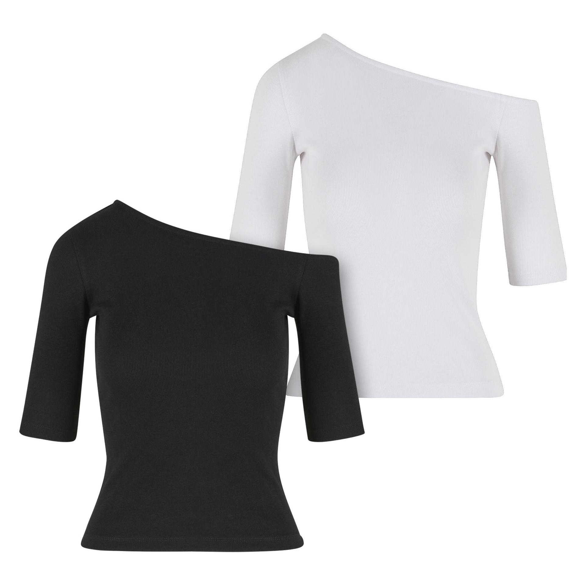 Urban Classics, Damen, Shirts, Ladies Organic Asymmetric Rib Tee 2-Pack - 175127, Weiss, Schwarz, (L)