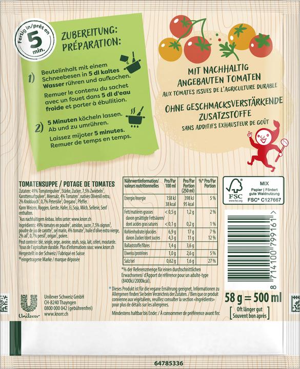 Nährwerte und Zutaten Knorr 100% Natürlich Tomatensuppe Beutel Suppe mit Tomatenstücken, Petersilie und Oregano