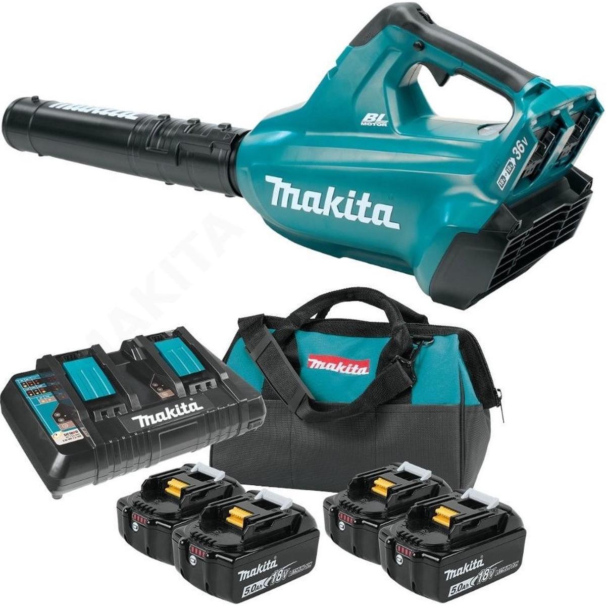 Makita, Aspirafoglie + Soffiafoglie, Laubbläser 36V => 2X 18V Li-Ion 5Ah (4 Akkus), schwarz, blau, dub362pt4 (Batteria ricaricabile, Soffiafoglie)