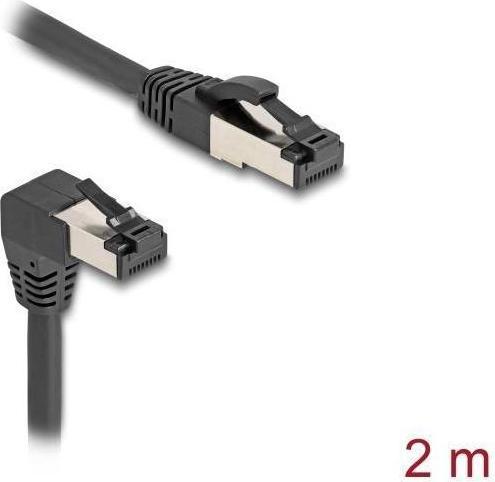Actual product image Delock RJ45 network cable Cat.8.1 S/FTP 90° bottom angled / straight 2 m black (S/FTP, CAT8.1, 2 m)