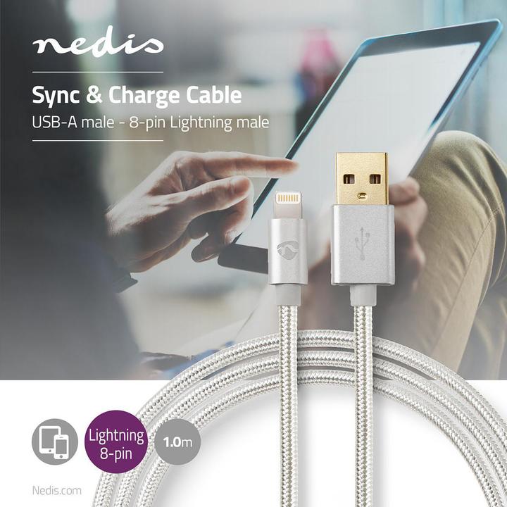 Actual product image Nedis CCTB39300AL10. Colour of product: Aluminium, Connector 1: USB A, Connector 2: Lightning. Packaging (1 m, USB 2.0, 12 W)