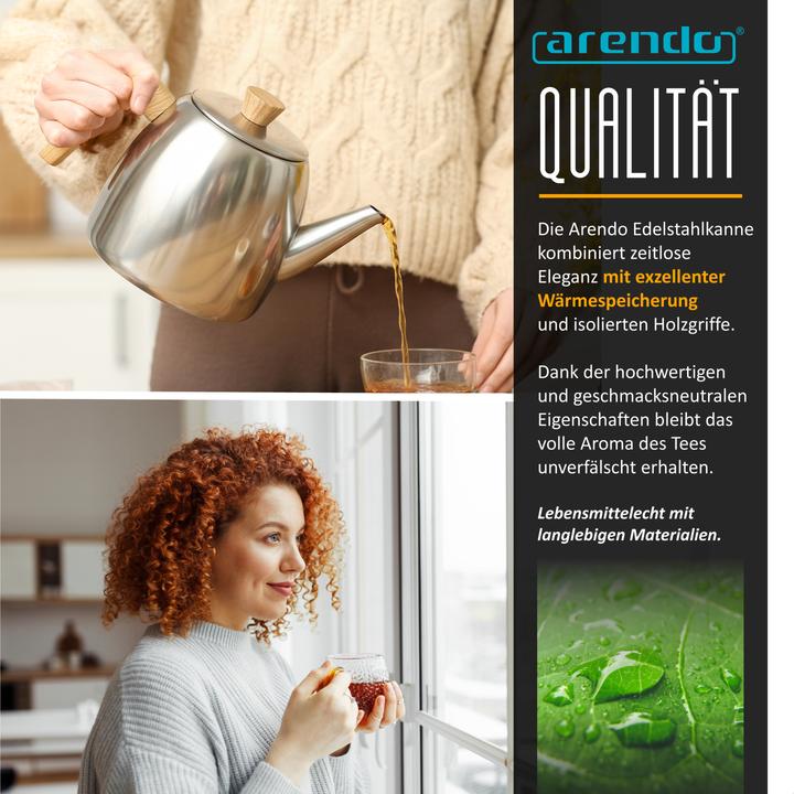 Produktbild Arendo Teekanne aus Edelstahl mit Holzgriff, Siebeinsatz, 1L, Isolierkanne, Doppelwandig, Edelstahl Teesieb (1 l)