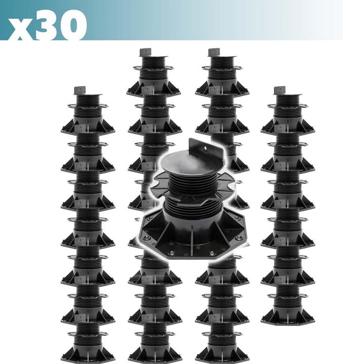 Image du produit XPOtool Plots de terrasse Set 30x Charge 2700kg Réglage en hauteur 60-128mm Lames Dalles Piscine (30x, 18.80 x 18.80 cm)