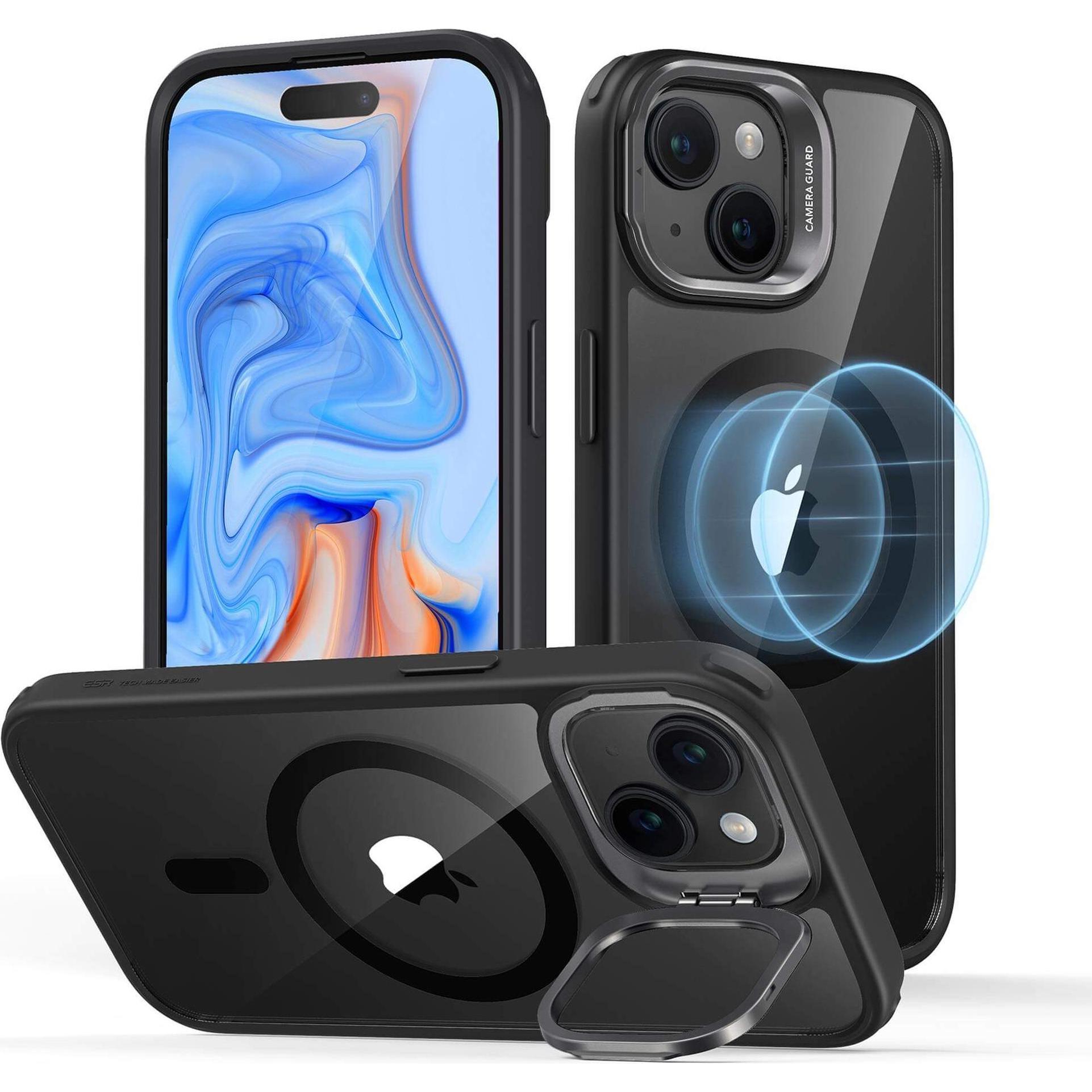 ESR Classic Hybrid HaloLock Case mit Stash Stand (Apple iPhone 15 Plus), Smartphone Hülle, Transparent, Schwarz