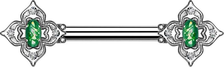 Produktbild Star Piercing Barbell silber Blumenquadrat filigran mit Opal grün (Messing, Chirurgenstahl 316L)