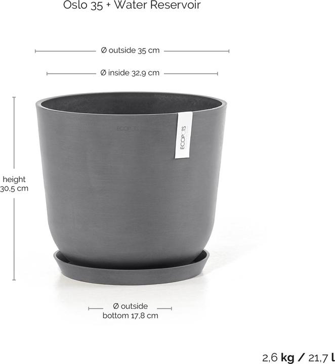 Produktbild Ecopots Oslo 35 + Blumentopf mit Wasserreservoir - L 35 cm x H 30,5 cm - Innen- und Aussenbereich (35 x 30.50 cm)