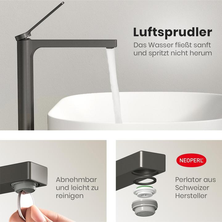 Produktbild Emke Wasserhahn Bad, Anthrazit, Mischbatterie Waschbecken, Messing, mit Luftsprudler, Keramikkartusche, e