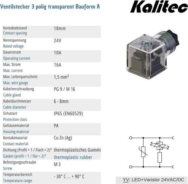 Actual product image Kalitec 3 Stück Ventilstecker Bauform A I 3 polig 24V transparent mit Beschaltung I PG9 I LED + Vari