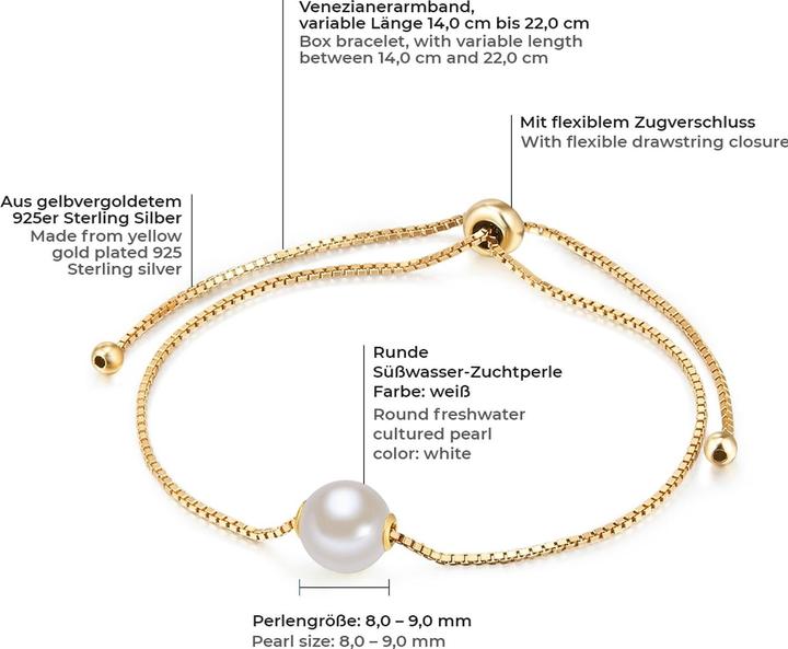 Image du produit Valero Pearls Femme argent sterling perle d'eau douce de culture or jaune 14,0 - 22,0 cm, réglable de manière (22 cm, Argent Sterling)