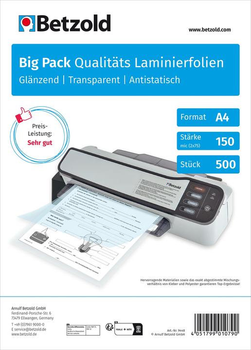 Betzold Laminierfolien A4, 150 mic, 500 Stück im Big-Pack, glänzend (A4, 500 Stück, 150 µm)