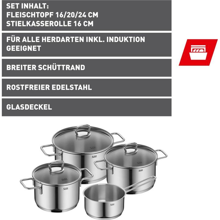 Actual product image Silit Topfset Induktion Kochtopfset 4tlg Glasdeckel Allicante Edelstahl 18/10 (Pan set + pot set, Stainless steel, 16 x 23 cm)