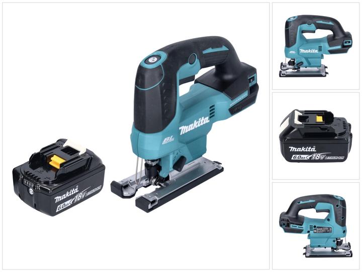 1x Makita DJV 184 cordless pendulum action jigsaw, 1x sliding block plastic, 1x jigsaw blade B-50 wood, 1x Makita BL 1860 B 18 V 6.0 Ah battery - without charger