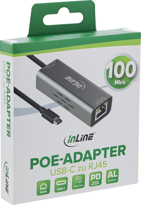 Actual product image InLine USB-C zu RJ45 PoE-Adapter mit Überspannungsschutz (USB-C, RJ45 (1x))