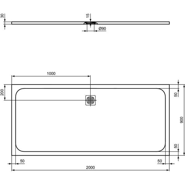 Thumbnail - Ideal Standard, Duschwanne, Ultra Flat S Rechteck-Brausewanne 2000x900 mm, Ablauf mittig, Innentiefe 15 mm, K8343