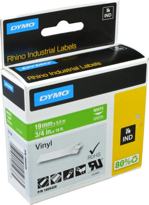 Produktbild Dymo Rhino 19mm weiß auf grün Vinyl (1.90 cm, Grün)