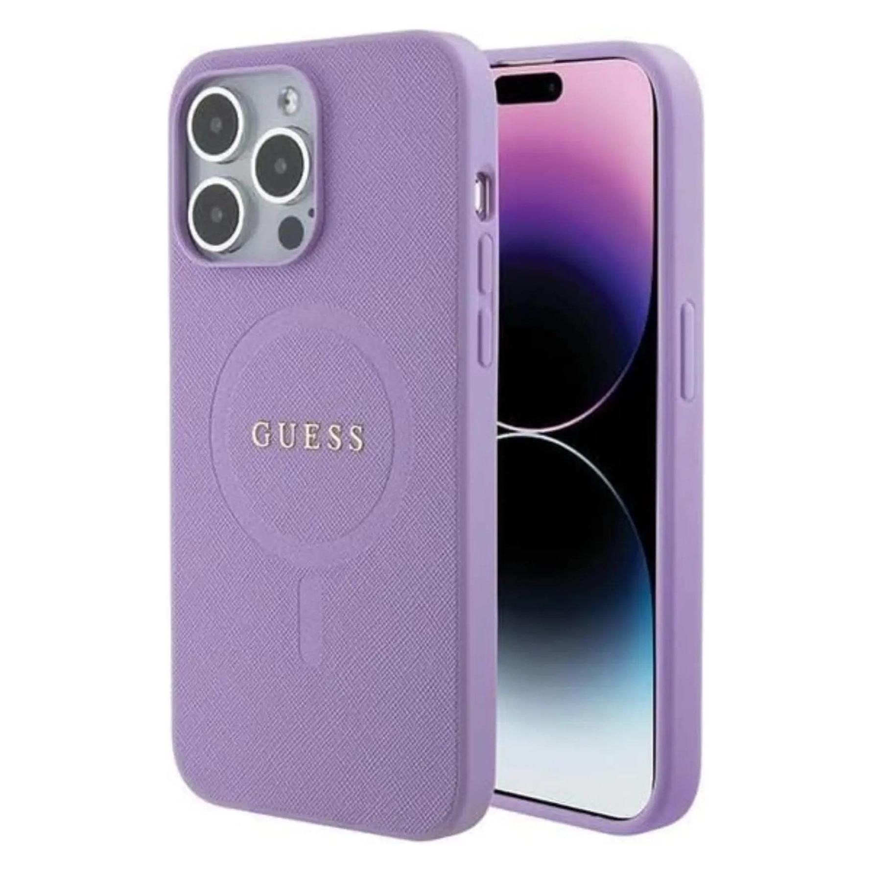 Guess GUHMP15LPSAHMCU IPhone 15 Pro 6.1" Fioletowy/purple Hardcase Saffiano MagSafe (Apple IPhone 15 Pro), Smartphone Hülle, Violett