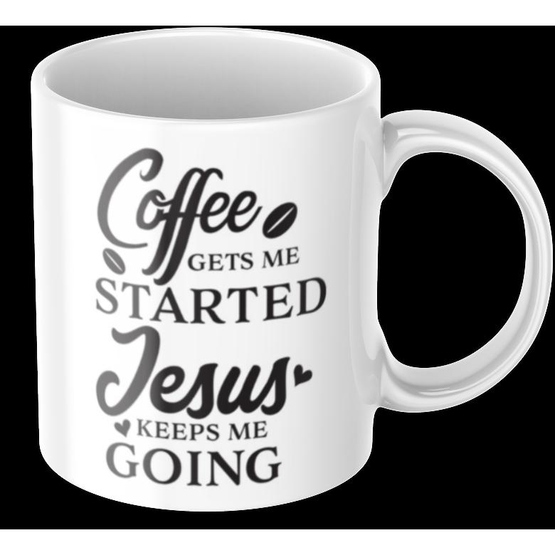 Tinisu, Tasse, Tasse mit Spruch "Coffee gets me started, Jesus keeps me going" Kirche Kaffee BÃ¼ro (325 ml, 1 x)