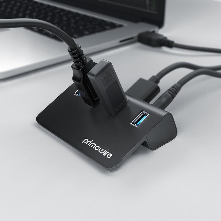 Actual product image Primewire 4 port USB 3.2 Gen.1 hub active, distributor with power supply, USB 3.0 data hub super speed up to (USB-A, 4 Ports)