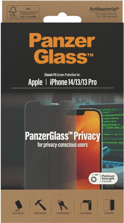 Productafbeelding PanzerGlass Screen Prot. Privacy Classic Fit iP 6.1 Inch 2022 (1 Stuk, Apple iPhone 14, Apple iPhone 13 Pro, Apple iPhone 13)