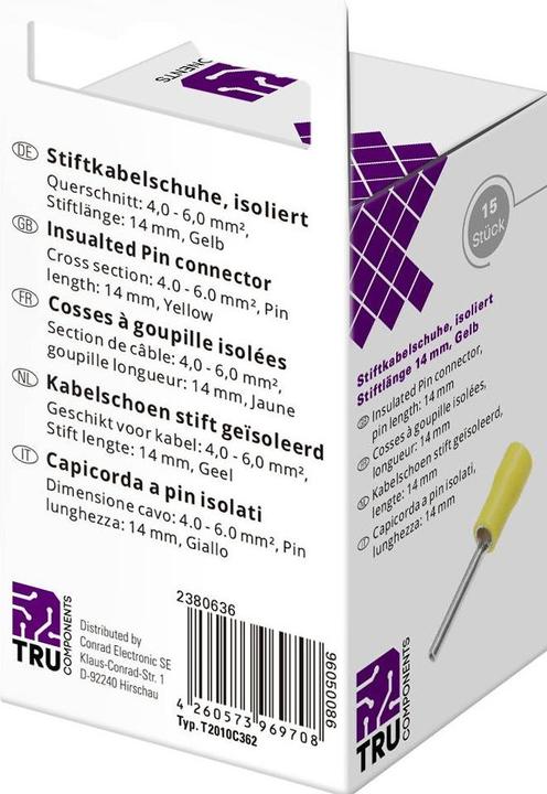Image du produit Tru Components T2010C362 Cosse de câble à broche 4.0 mm² 6.0 mm² Partiellement isolée Jaune 15 pcs.