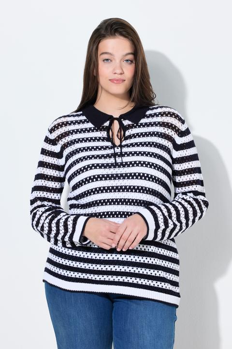 Produktbild Ulla Popken Polo-Pullover, Lochstrick, Ringel, Langarm (56)