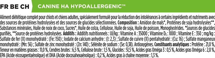 Valeurs nutritives et ingrédients Purina ONE Nourriture pour chiens PPVD HA hypoallergénique (Chiot + chaton, 1 pcs, 1300 g)