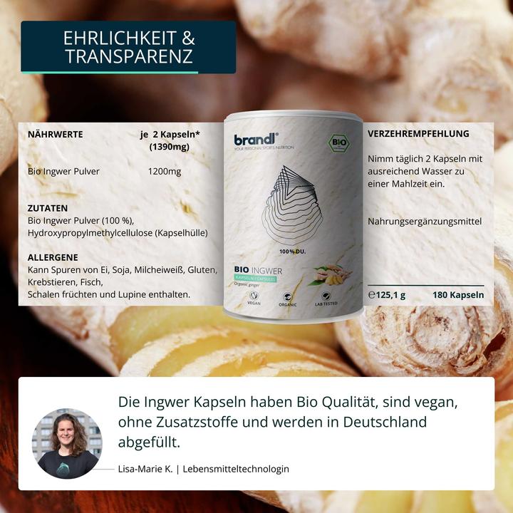 Nutritional values and ingredients Brandl Bio Ingwer (Ginger) (1 Piece, Capsules, 85 g)