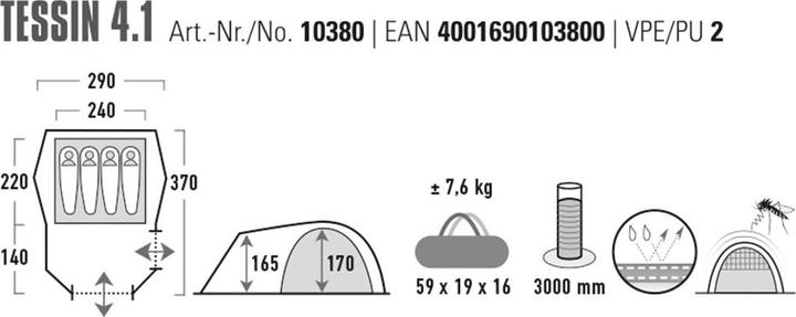 Nutritional values and ingredients High Peak Tessin 4.1 tent (Dome tent, 7.60 kg, 4 persons)