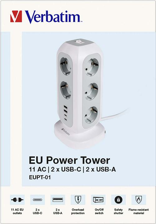 Productafbeelding Verbatim EU Power Tower 11 AC met 2 x USB-C / 2 x USB-A (11 x, USB-A, USB-C, CEE 7/4, 2 m)