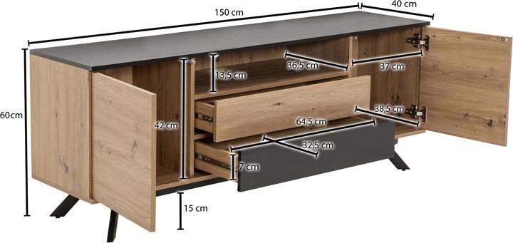Produktbild FineBuy TV Schrank Lowboard 150x60x40 cm Eiche Fernsehkommode Fernsehschrank (150 x 40 x 60 cm)