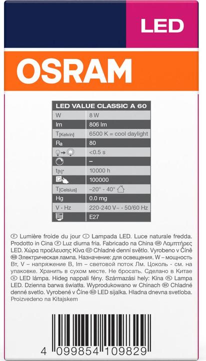 Immagine prodotto Osram Valore LED Classic A (E27, 806 lm, 10x)