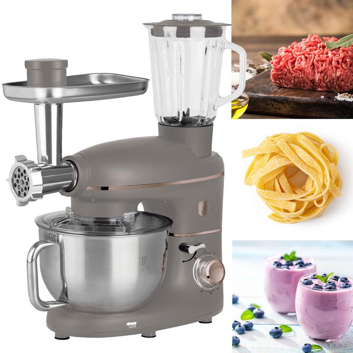Produktbild BerlingerHaus Design Küchenmaschine inkl. Fleischwolf & 3 Pasta-Aufsätze, 1500W, taupe (5.50 l, 1500 W)