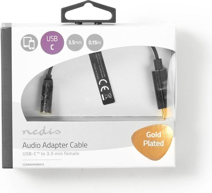 Actual product image Nedis USB-C plug -> jack socket 3.5mm length=15cm, black, blister (3.5mm jack, USB-C)