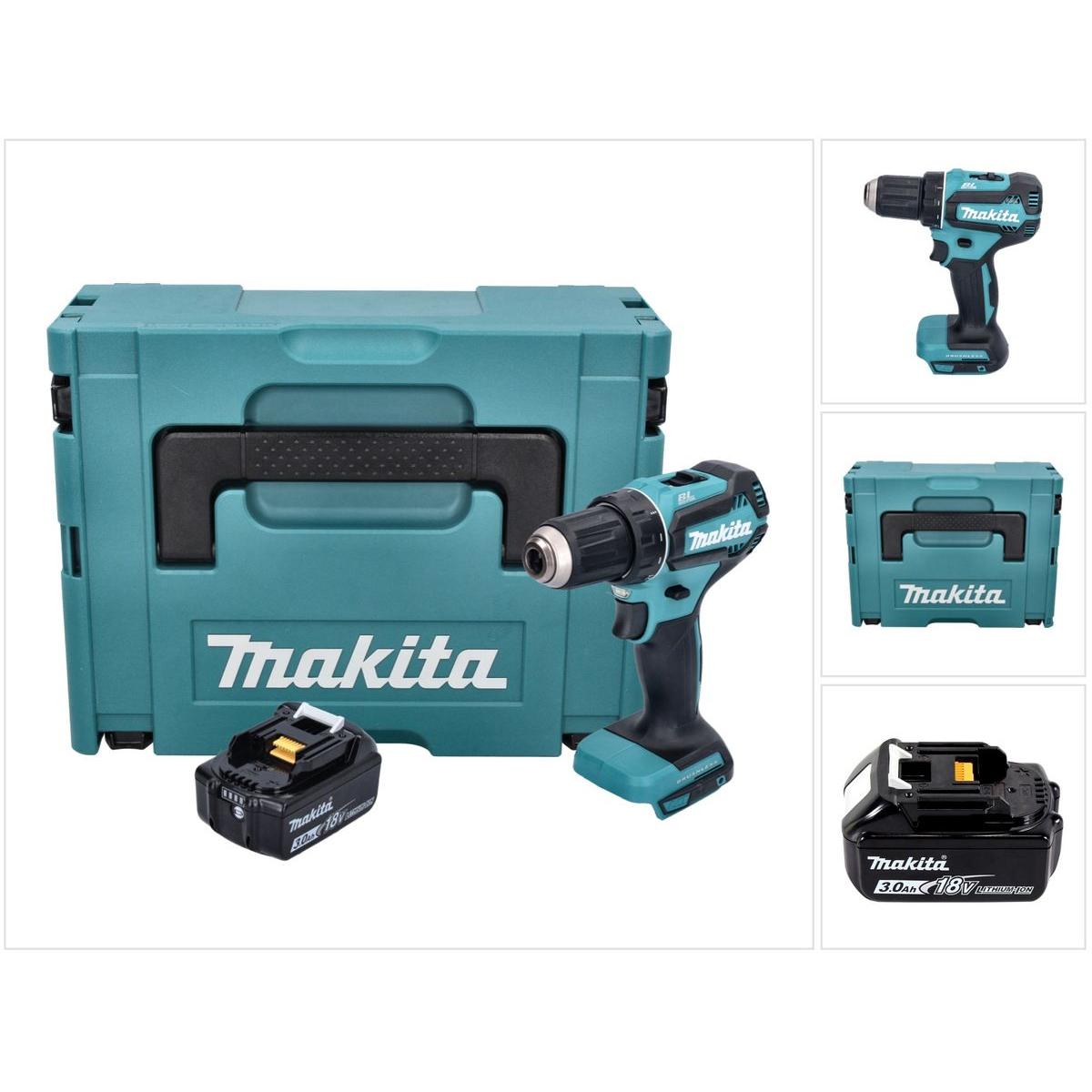 Makita, Bohrmaschine + Akkuschrauber, DDF 485 F1J Akku Bohrschrauber 18 V 50 Nm Brushless + 1x Akku 3,0 Ah + Makpac - oh...