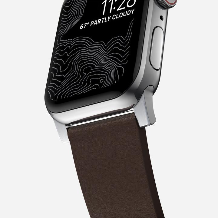 Actual product image Nomad Active Band Pro -nahkaranneke, Apple Watch 49 / 45 / 44 /, hopea/ruskea (20 mm, Leather, Stainless steel)