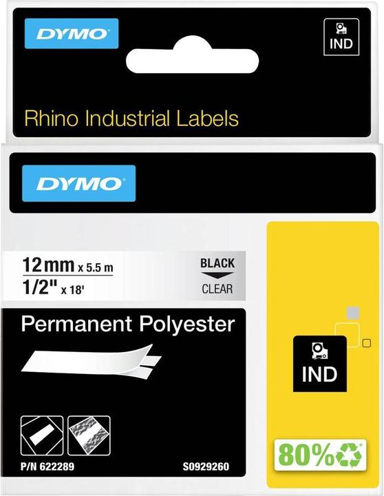 Produktbild Dymo Rhino 12mm schwarz auf Hell Perm Poly (1.20 cm, Transparent)