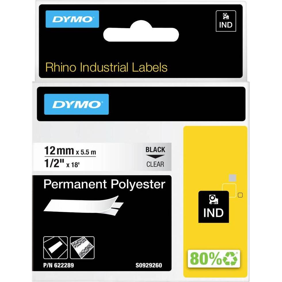Dymo, Beschriftungsband, Rhino 12mm schwarz auf Hell Perm Poly (1.20 cm, Transparent)