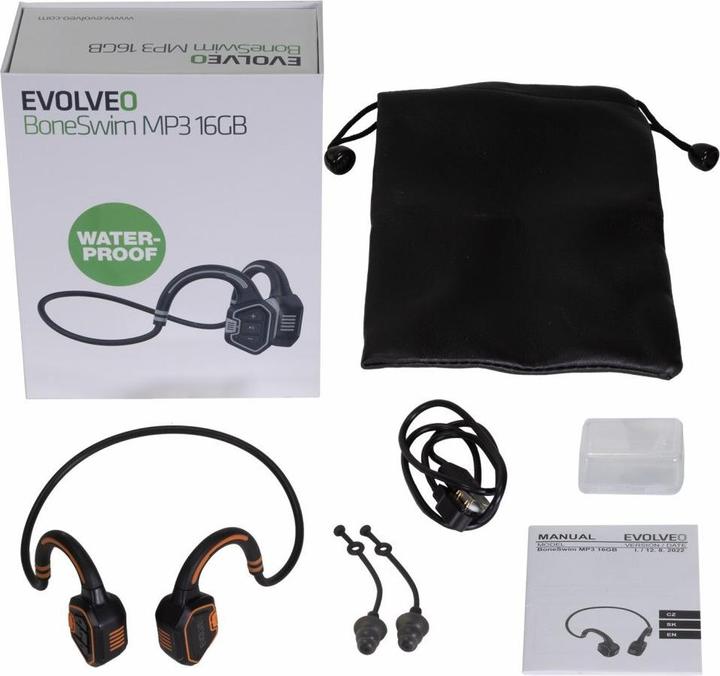 Actual product image A4Tech EVOLVEO BoneSwim MP3 16GB, bluetooth bezdrátová sluchátka s mikrofonem na lícní kosti, oranžové (Wireless)