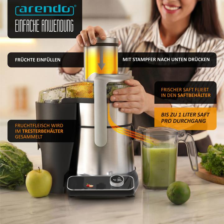 Actual product image Arendo Zentrifugalentsafter, Edelstahl, BPA Frei, 1000W, XXL-Einfüllschacht, Programme, Display, Tropfstopp