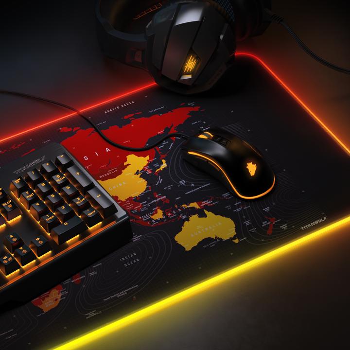 Produktbild Titanwolf RGB Gaming Mauspad, Mausmatte XL 800 x 300mm verbessert Präzision & Geschwindigkeit, Weltkarte rot (XL)